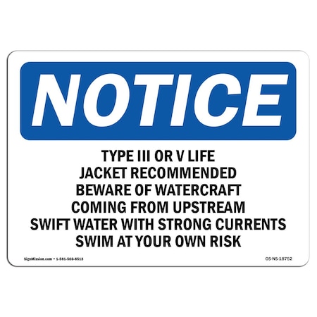 Signmission OSHA Sign, Type III Or V Life Jacket Recommended Beware, 14in X 10in Alum, 14" W, 10" H, Landscape OS-NS-A-1014-L-18752